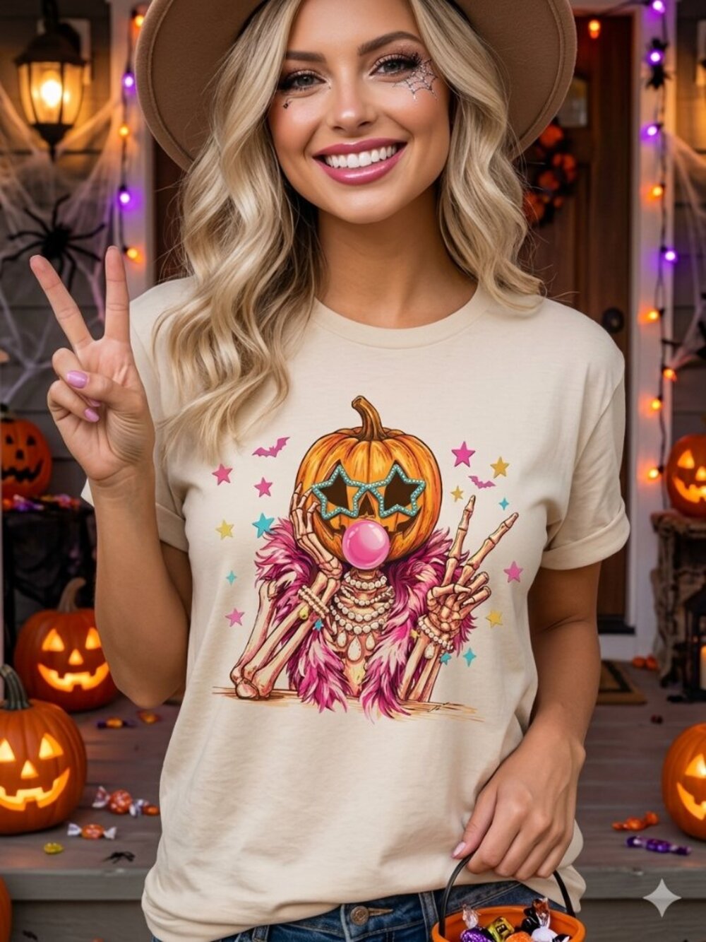 Pumpkin Head Skeleton with Crystals -Graphic Tee with Crystals Halloween T-shirt